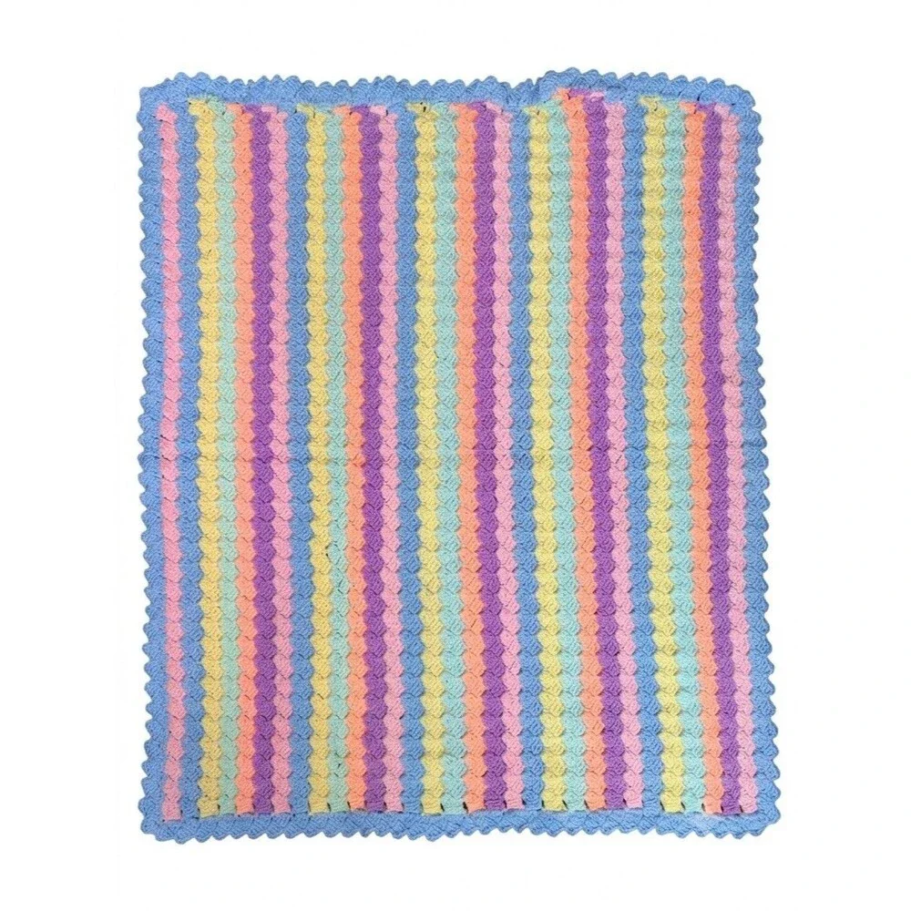 VTG1970s Hand Crocheted Pastel Stripe Baby Blanket Afghan Shell Stitch 34x41